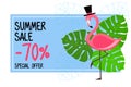 Summer Sale -70% Special offer. Pink Flamingo vector illustration with tropical palm leaves